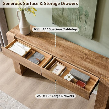 OKD Modern Entryway Console Table, Sofa Table with Drawers, 63" Long Hall Table Behind Couch, Thick Wood Design for Living Room, Hallway - Light Knotty Oak