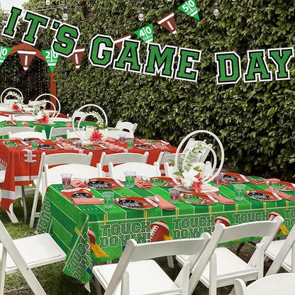 Gatherfun Football Party Supplies Kit for 24 Guests - Includes Large 12.5in Plates, Dessert Plates, Napkins, Cups, Banner and Touchdown Tablecloth - for Football Tailgate Party Decorations