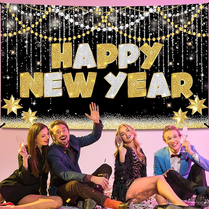 KatchOn, Large Happy New Year Banner - 72x44 Inch | New Years Eve Party Supplies | Happy New Year Backdrop for New Years Decorations 2026 | NYE Decorations 2026, NYE Party Supplies 2026