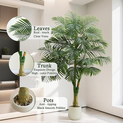 Artificial Golden Cane Palm Tree 6FT Tall Fake Plant Large Tropical Palms Trees with 3 Realistic Trunks, Faux Palm Plant Artificial Tree in Pot for Indoor Outdoor Room Patio Office Home Decor