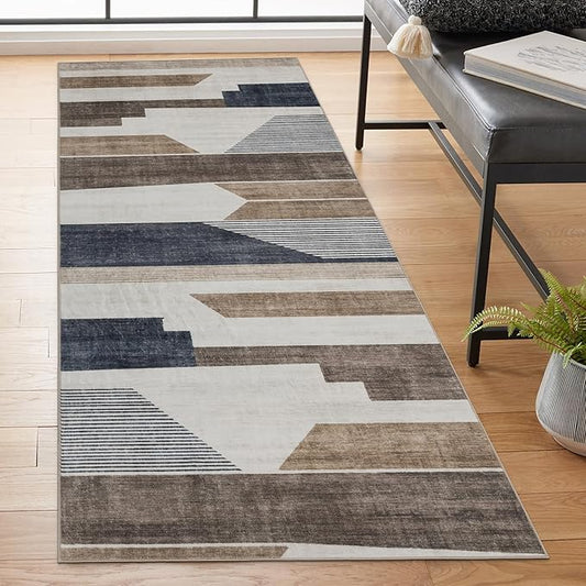 ReaLife Rugs Machine Washable Area Rug Runner - Living Room Bedroom Bathroom Kitchen Entryway Office - Non-Slip Baking Low Pile Stain Resistant Premium - Modern Geometric - Theo - Beige 2'6" x 8'