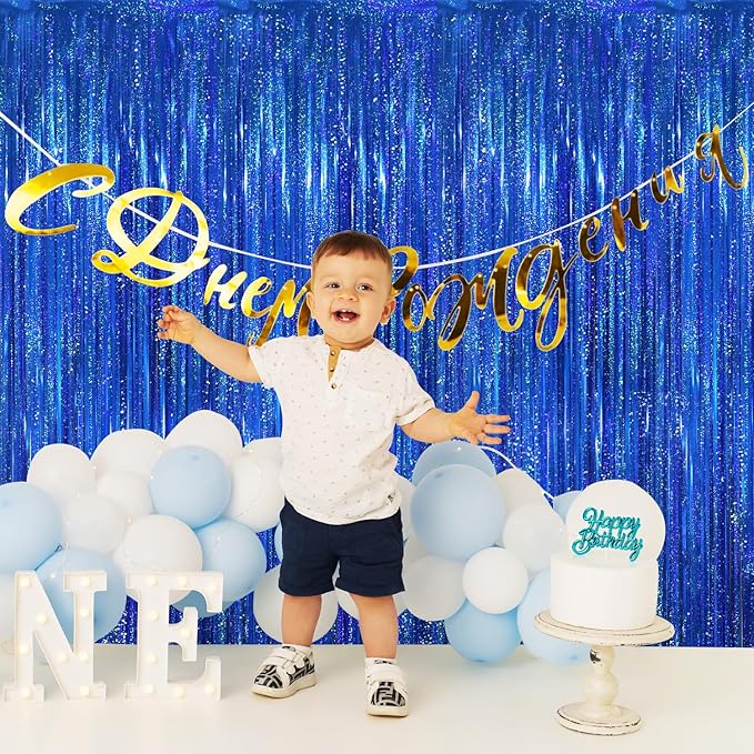 GOER 3.2 ft x 8.2 ft Metallic Tinsel Foil Fringe Curtains Party Photo Backdrop Party Streamers for Birthday,Graduation,New Year Eve Decorations Wedding Decor(1 Pack,Shiny Blue)