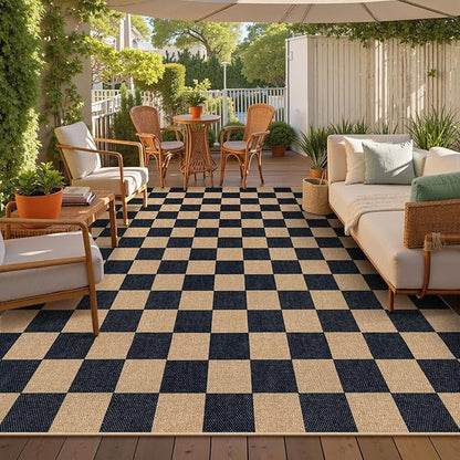 Lahome Checkered Easy Jute 8x10 Rug, Washable Rugs for Living Room Office, Farmhouse Neutral Non Slip Non Shedding Stain Resistance Indoor Outdoor Carpet for Balcony Patio Classroom