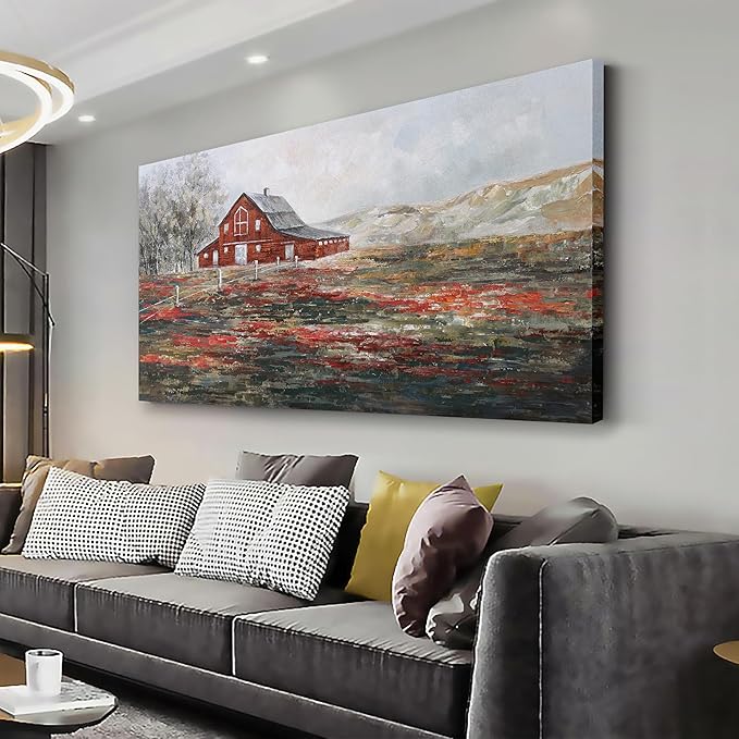 Farmhouse Wall Art Canvas Picture Red Rustic Barn Farm Artwork Decor Country Landscape Panoramic Countryside Rural Nature Scene Painting for Living Room Bedroom Office Decor Wall Decor 24"x48"