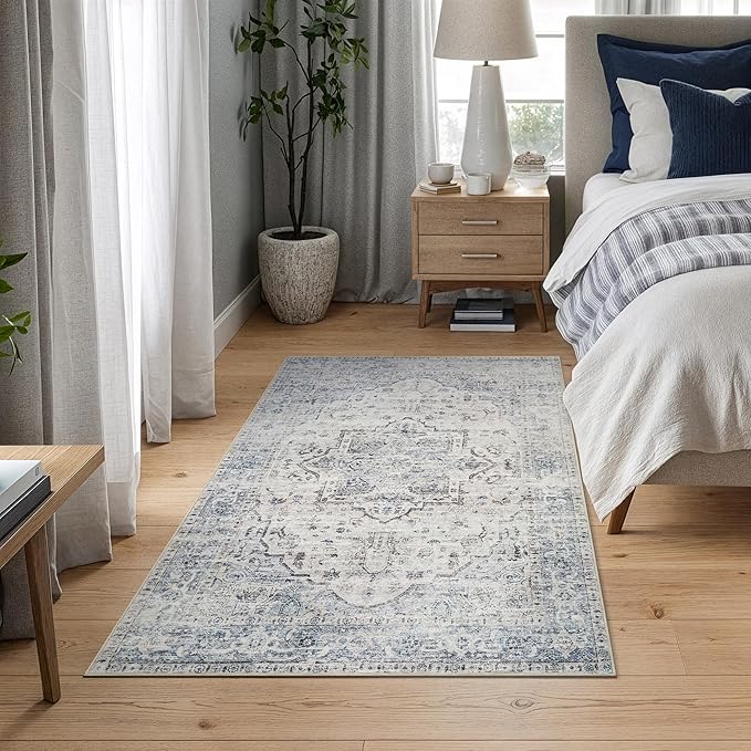 Bloom Rugs Caria Washable Non-Slip 3x5 Rug - Ivory/Blue/Gray Traditional Area Rug for Living Room, Bedroom, Dining Room, and Kitchen - Exact Size: 3' x 5'