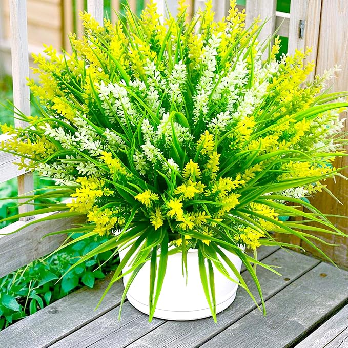Artificial Plants Outdoor, 20 Pcs Fake Flowers UV Resistant Outdoor Fake Plants, Lavender Artificial Flowers Plastic Fake Faux Flowers Shrubs for Home Porch Garden Yard Window Box (Yellow White)