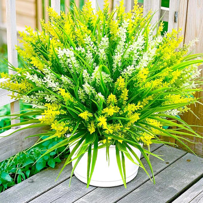 Artificial Plants Outdoor, 20 Pcs Fake Flowers UV Resistant Outdoor Fake Plants, Lavender Artificial Flowers Plastic Fake Faux Flowers Shrubs for Home Porch Garden Yard Window Box (Yellow White)