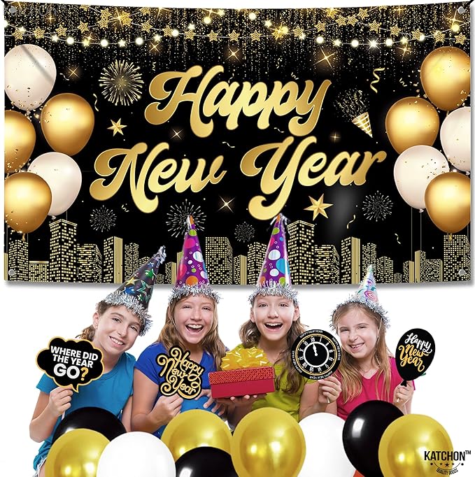 KatchOn, XtraLarge Happy New Year Banner - 72x44 Inch | Happy New Years Decorations 2026 | Happy New Year Backdrop, New Years Eve Party Supplies 2026 | New Years Eve Backdrop for NYE Decorations 2026