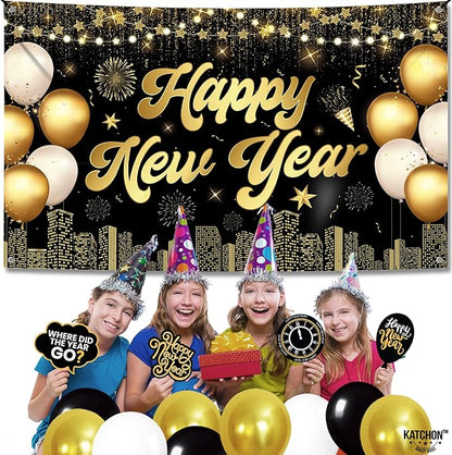 KatchOn, XtraLarge Happy New Year Banner - 72x44 Inch | Happy New Years Decorations 2026 | Happy New Year Backdrop, New Years Eve Party Supplies 2026 | New Years Eve Backdrop for NYE Decorations 2026