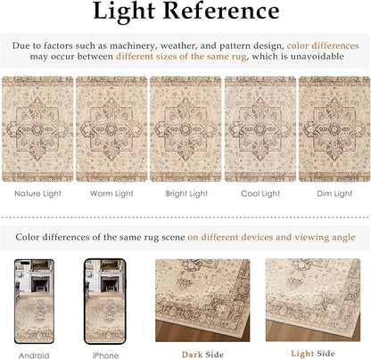 Brown 8x10 Area Rug Washable Vintage Living Room Carpet Non Slip Retro Distressed Low Pile Soft Oriental Medallion Thin Large Throw Rug for Office Bedroom Dining Room Playroom