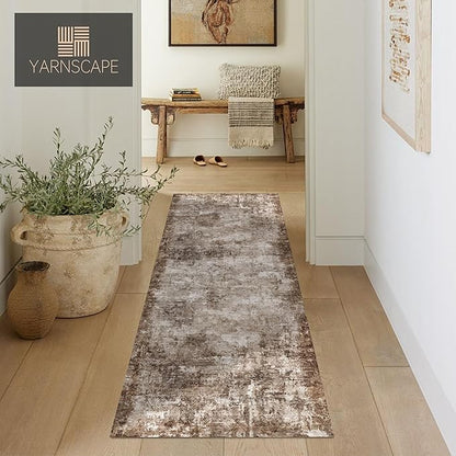 2'6'' x 8' Washable Area Rug - Low Pile Soft Vintage Indoor Rug for Living, Dining or Bedroom - Lightweight Carpet with Non-Slip Backing - Foldable for Easy Placement, Brown