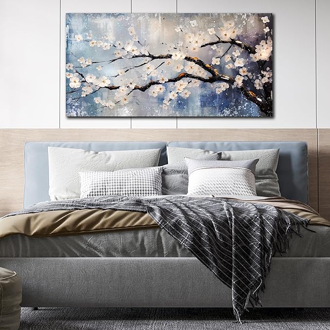 Plum Blossom Tree Wall Art - Blue Wall Decor - Asian Wall Art for Living Room Large Size Bedroom Office Pictures Size 29" x 59"