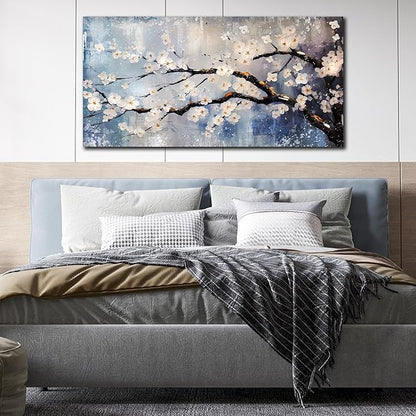 Plum Blossom Tree Wall Art - Blue Wall Decor - Asian Wall Art for Living Room Large Size Bedroom Office Pictures Size 29" x 59"