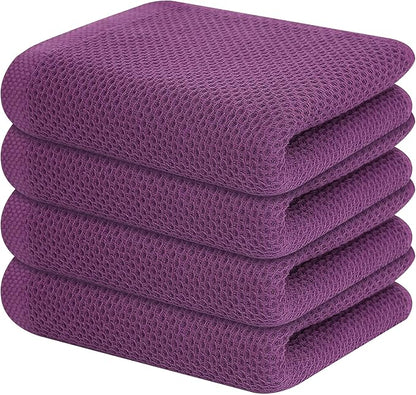 Kitinjoy 100% Cotton Waffle Weave Kitchen Towels, 4-Pack Super Soft and Absorbent Dish Towels for Drying Dishes, Kitchen Hand Towels, 13 in x 28 in, Violet