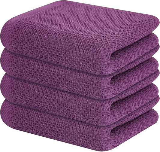 Kitinjoy 100% Cotton Waffle Weave Kitchen Towels, 4-Pack Super Soft and Absorbent Dish Towels for Drying Dishes, Kitchen Hand Towels, 13 in x 28 in, Violet