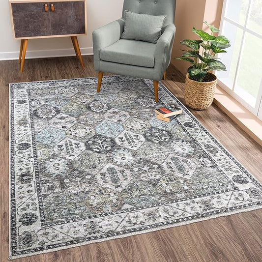 Bloom Rugs Caria Washable Non-Slip 6x9 Rug - Beige/Olive Traditional Area Rug for Living Room, Bedroom, Dining Room, and Kitchen - Exact Size: 6' x 9'