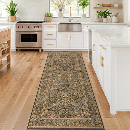 Non Slip 2x7 Gold Brown Bathroom Runner Rugs - Washable Long Runner for Kitchen, Hallway, Indoor Floor Mat, Bedroom Bedside - Brown Earthy Vintage Floral Décor
