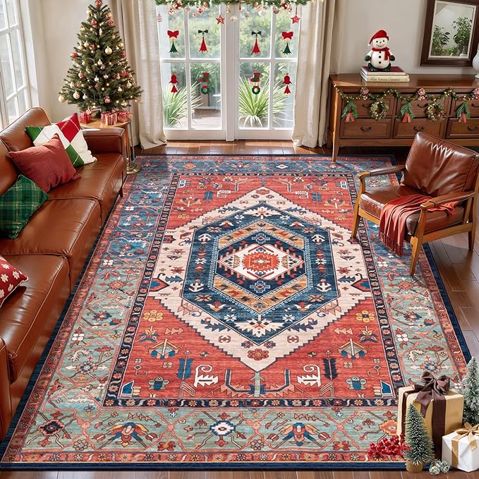 SERISSA Area Rug 4x6 Boho Rugs for Bedroom, Washable Non-Slip Living Room Rugs, Ultra Soft Vintage Print Distressed Rust Rug Low-Pile Throw Carpet for Entry Bedroom Nursery Kitchen Dorm Decor