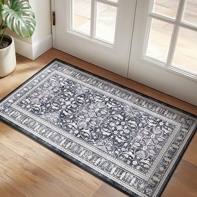 Dark Blue 2x4 Entryway Rug, Transitional Floral Trellis Door Mat Indoor Entrance Entry Way, Washable Non Slip Low Pile Thin Small Runner Rug for Kitchen Floor Sink Area Bathroom Bedside