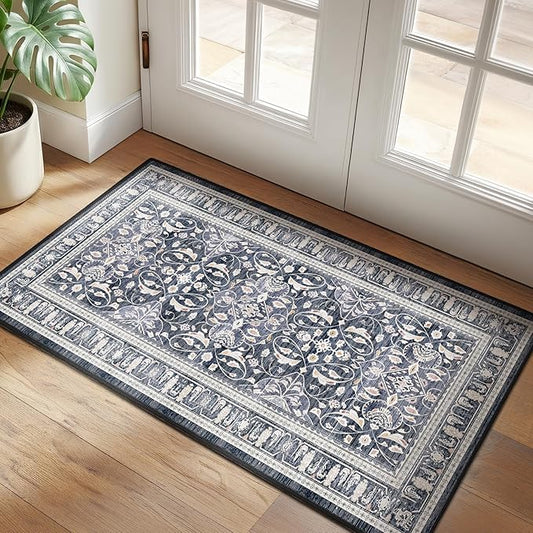 Dark Blue 2x4 Entryway Rug, Transitional Floral Trellis Door Mat Indoor Entrance Entry Way, Washable Non Slip Low Pile Thin Small Runner Rug for Kitchen Floor Sink Area Bathroom Bedside