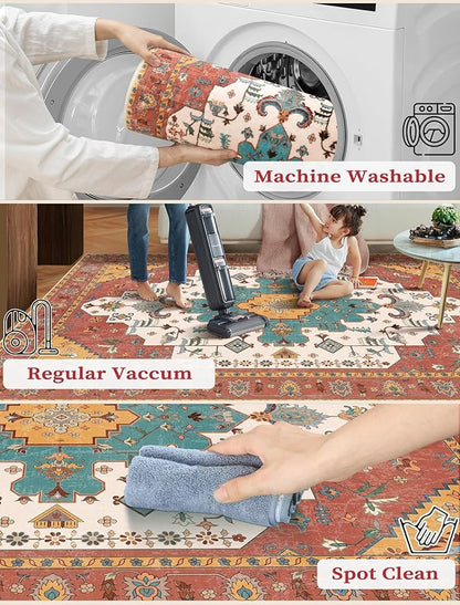 SERISSA Boho Washable Runner Rug, 2x5 Rug Non-Slip Vintage Orange Hallway Kitchen Runner Rug Ultra Soft Print Distressed Floor Carpet for Bedroom Bathroom Laundry Living Room