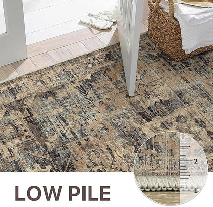 GENIMO Machine Washable 8x10 Area Rugs for Living Room, Non Slip Vintage Rugs, Low Pile Lightweight Chenille Print Rug for Bedroom, Dining Room, Home Office, Tawny Sage