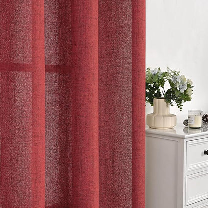 YoungsTex Burgundy Red Linen Curtains 84 Inch Length for Living Room Christmas Deocr, Light Filtering Semi Sheer Drapes with Rod Pocket Back Tab for Bedroom Dining, 2 Panels, 52 X 84 Inch