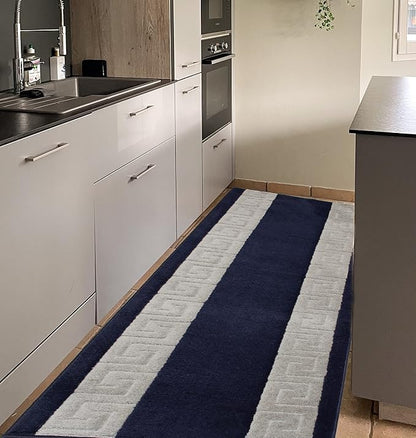 Washable Custom Size Runner Rug Meander Design Navy Blue and Grey, (8 Feet Length x 26 Inch Width) Custom Cut Slip Resistant Rubber Backing Runner Rugs, Extra Long Runner Rugs for Hallways