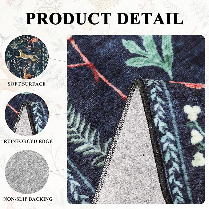 DUKINO 2x5 Rug for Hallway, Washable Kitchen Runner Rug with Non Slip Backing, Soft Low Pile Vintage Animal Runner for Bedroom, Kitchen, Hallway, Entryway, Laundry, Navy Blue