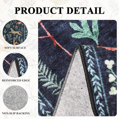DUKINO 2x4 Rug for Hallway, Washable Kitchen Runner Rug with Non Slip Backing, Soft Low Pile Vintage Animal Runner for Bedroom, Kitchen, Hallway, Entryway, Laundry, Navy Blue