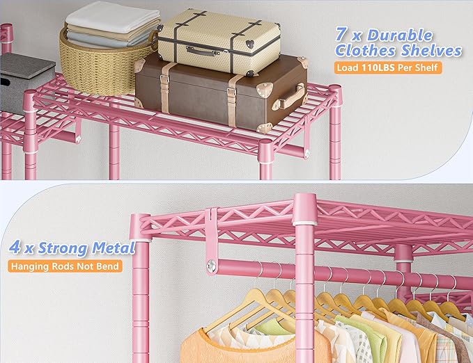 Raybee Clothes Rack Heavy Duty Clothing Racks for Hanging Clothes Adjustable Hanging Clothes Rack Garment Rack, Pink, 13.9" D x 70.6" W x 77" H