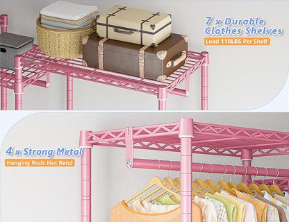Raybee Clothes Rack Heavy Duty Clothing Racks for Hanging Clothes Adjustable Hanging Clothes Rack Garment Rack, Pink, 13.9" D x 70.6" W x 77" H