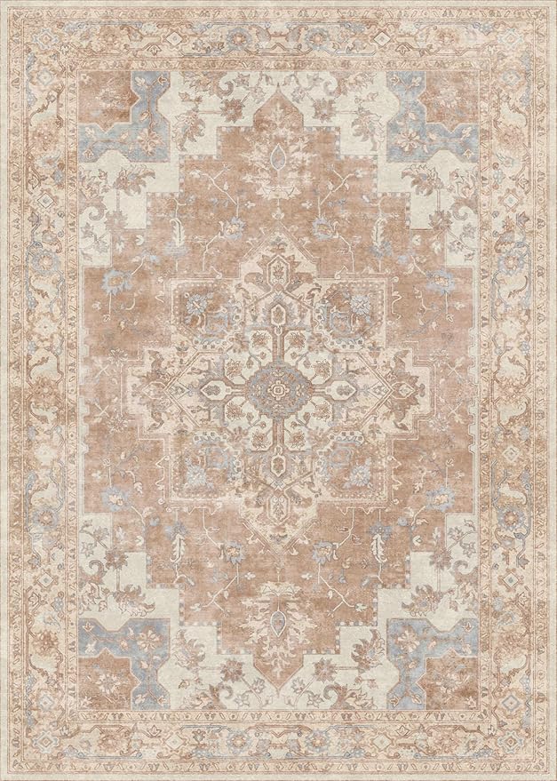 GENIMO 8x10 Area Rugs for Living Room, Machine Washable Non Slip Vintage Retro Rugs, Low Pile Lightweight Chenille Print Rug for Bedroom, Dining Room, Home Office, Orange