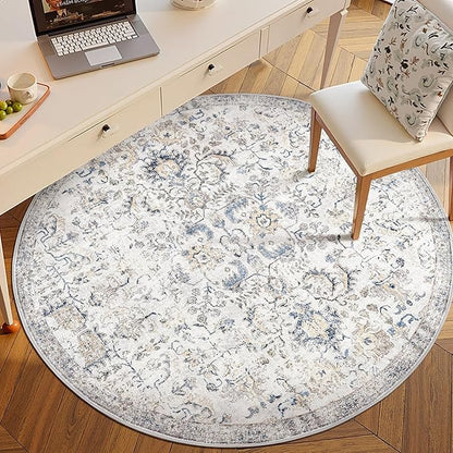 jinchan Round Rug 6ft Area Rug Washable Vintage Indoor Retro Accent Floor Cover Distressed Floral 6' Round Circle Boho Non Slip Thin Carpet for Living Room Dining Room Bedroom Kitchen Blue