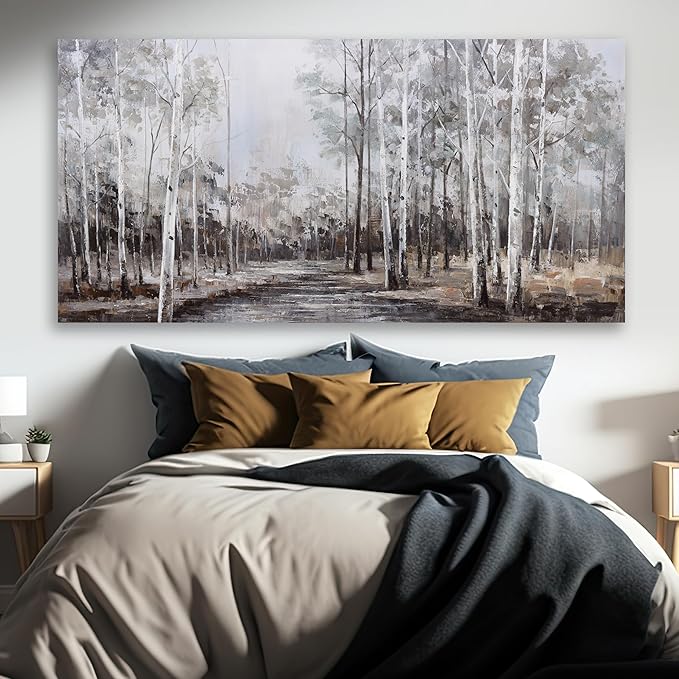 White Birch Tree Wall Art Grey Forest Painting Abstract Canvas Art Landscape Panoramic Picture Nature Artwork Framed for Living Room Bedroom Dinning Room Home Office Wall Decor 59"x28"