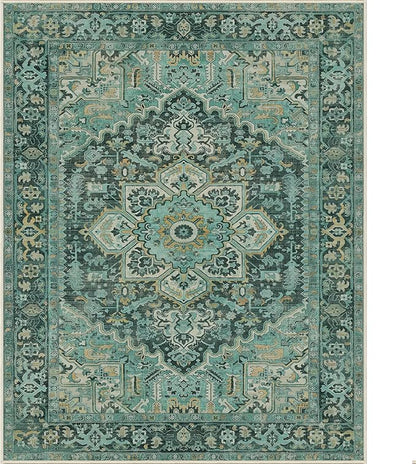 GENIMO Machine Washable 9x12 Area Rugs for Living Room, Non Slip Vintage Rugs, Low Pile Lightweight Chenille Print Rug for Bedroom, Dining Room, Home Office, Turquoise