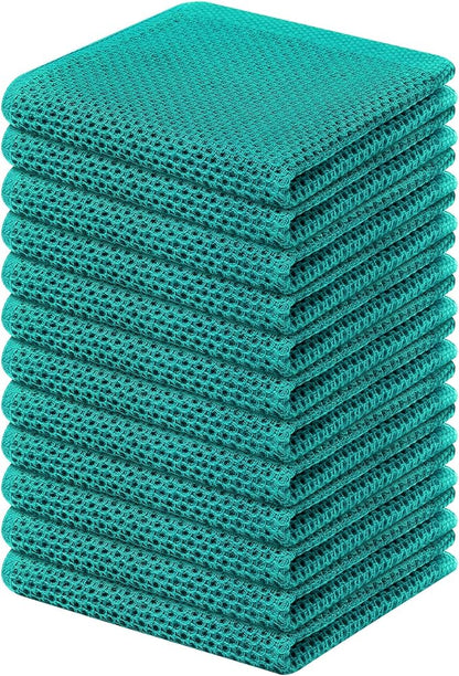 Kitinjoy 100% Cotton Kitchen Dish Cloths, 12 Pack Waffle Weave Ultra Soft Absorbent Dish Towels for Drying Dishes Quick Drying Kitchen Towels Dish Rags, 12 X 12 Inches, Teal