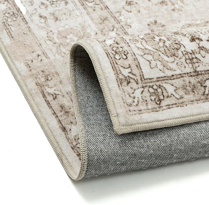Taupe 6x9 Area Rug Washable Vintage Living Room Carpet Non Slip Retro Distressed Low Pile Soft Oriental Medallion Thin Large Throw Rug for Office Bedroom Dining Room Playroom