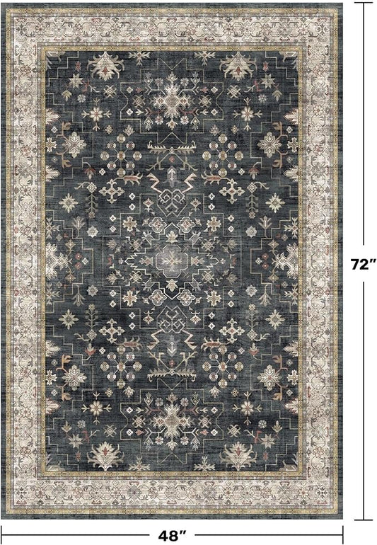 Boho Washable 4x6 Entryway Rug - Non-Slip Low Pile Geometric Area Rug for Living Room, Large Kitchen, Bedroom, Office - Ultra Soft Dark Modern Aesthetic Decor, Black & Multi