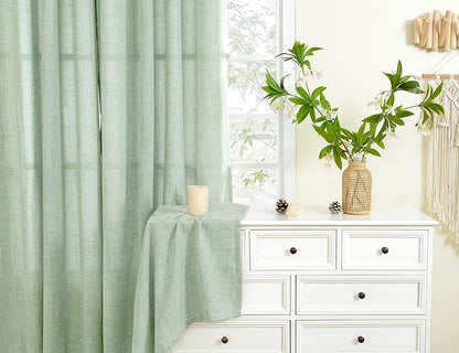 YoungsTex Sage Green Linen Semi Sheer Curtains 40 Inch Length for Kitchen Window, Short Drapes Light Filtering with Rod Pocket Back Tab for Cafe Bathroom, 2 Panels, 42 X 40 Inch