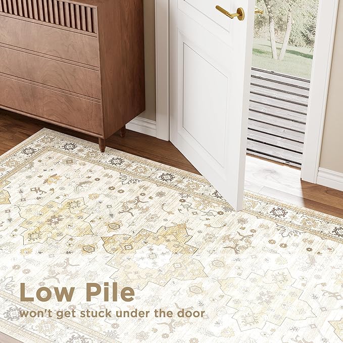 Washable 2x6 Runner Rugs for Kitchen Hallway,Beige Boho Rug for Bedroom Bedside Laundry Room Bathroom Rug, Non Slip Low Pile Soft 24 x 72 Floor Modern Carpet, Beige/Gold