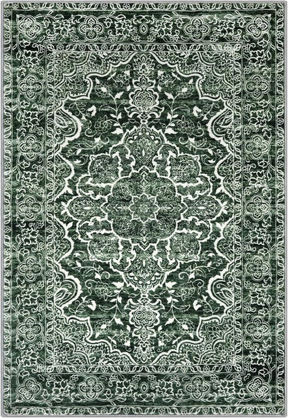 KUTA 3x5 Vintage Area Rug, Floral Kitchen Rugs Dark Green Washable Non-Slip, Ultra Soft Printed Distressed Medallion Entry Carpet Low-Pile Throw for Entrance Bedroom Living Room