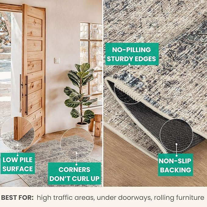 Bloom Rugs Caria Washable Non-Slip 12 ft Runner - Beige Brown/Teal Traditional Runner for Entryway, Hallway, Bathroom, and Kitchen - Exact Size: 2'6" x 12'
