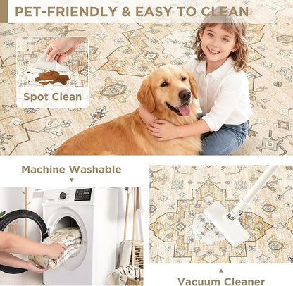 Large Rugs for Living Room, 8x10 Beige Washable Rug for Bedroom, Soft Boho Indoor Carpets, Big Modern Kids Room Rug, Non-Slip Low Pile Mat for Office Home Dining Room Christmas Decor,Beige/Gold