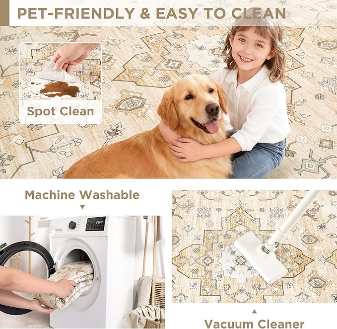 2x3 Entryway Rug, Beige Small Boho Washable Rug, Soft Modern Non-Slip Area Rug, Low Pile Carpet for Entryway Kitchen Bathroom Front Doormat Indoor Entrance Throw Rugs, Beige/Gold