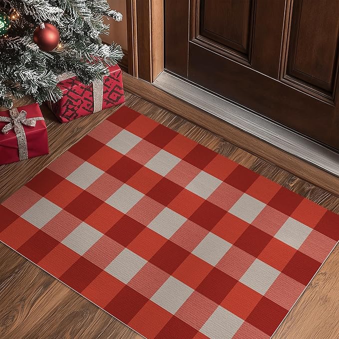 GENIMO Checkered Rug 3x5 Ft Red and White Outdoor Rug Buffalo Plaid Rugs Mat Fall Doormats Washable Rug for Front Porch Decor Indoor Entrance Patio Balcony Entryway