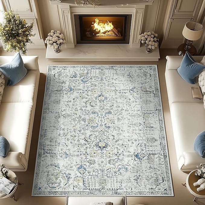 jinchan Area Rug 9x12 Washable Living Room Rug Vintage Indoor Large Floor Cover Retro Accent Mat Distressed Floral Country Boho Non Slip Thin Carpet for Bedroom Kitchen Dining Room Office Blue Multi