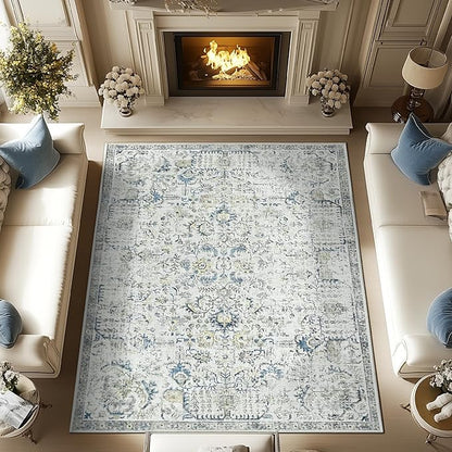 jinchan Area Rug 9x12 Washable Living Room Rug Vintage Indoor Large Floor Cover Retro Accent Mat Distressed Floral Country Boho Non Slip Thin Carpet for Bedroom Kitchen Dining Room Office Blue Multi