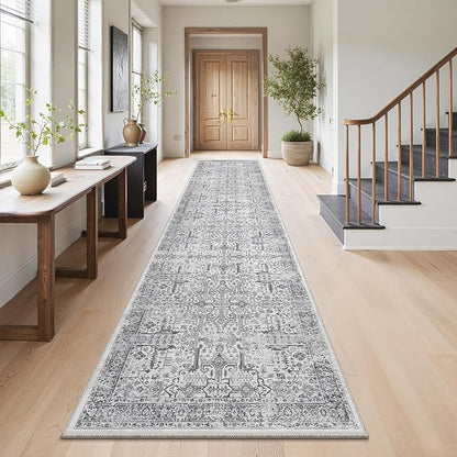 Hallway Washable Runner Rug 2x12 - Non Slip Vintage Kitchen Runner Rugs for Entryway Low-Pile Waterproof Long Runners for Living Room Bedroom Medallion Indoor Floor Mat for Bathroom Laundry Grey