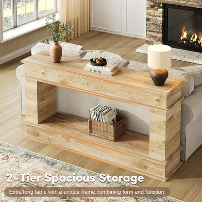 63 Inches Large Console Table, 2-Tier Entryway Table, Narrow Long Sofa Table Behind Couch, Bamboo-like Design, Heavy Duty Base, Farmhouse Wood Accent Decor for Living Room, Hallway, Foyer (Natural)
